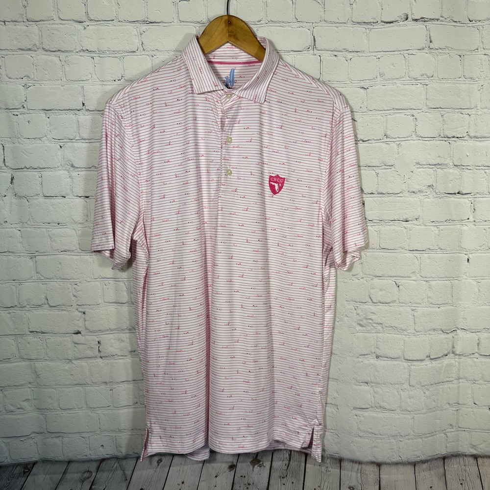 Johnnie-O Mens Pink White Striped Sunbather Bikini Polo Shirt CRCC‎ Logo Size XL